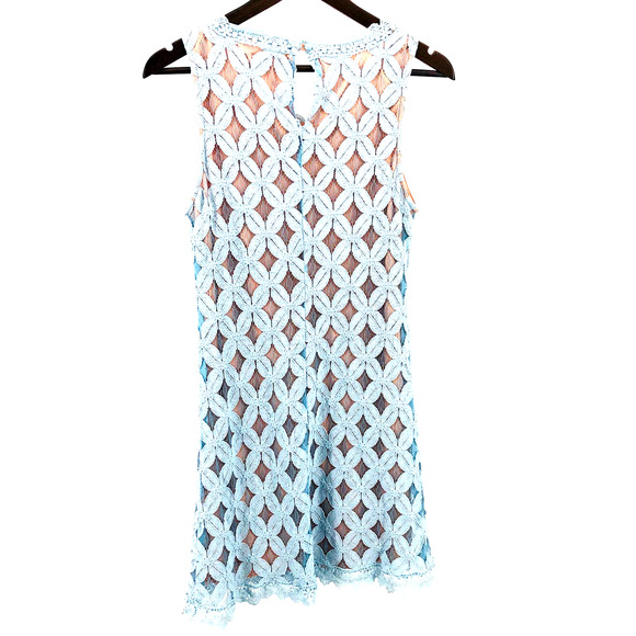 Bodycon City Triangles Sleeveless Blue Crochet Dress with Nude Lining, - Picture 2 of 4